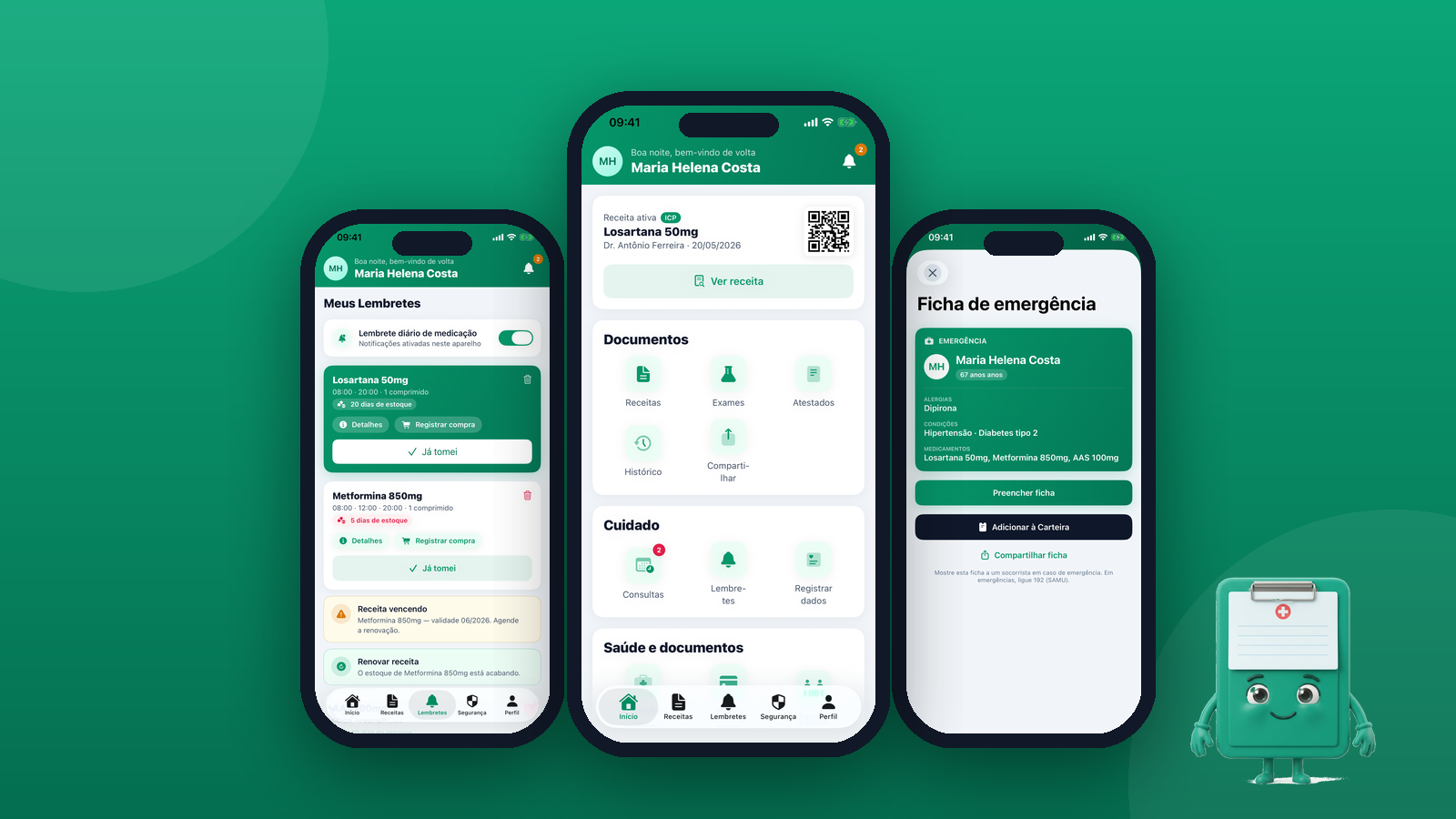 App Meu Prontuário no iPhone: tela inicial, lembretes de remédios e ficha de emergência